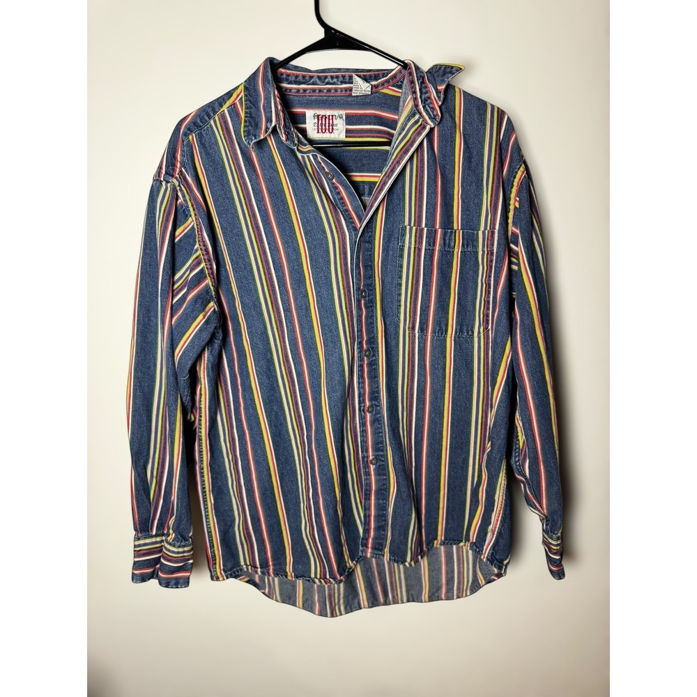 IOU Retro‎ Western Jeans Denim Striped Long Sleeve Button Up Shirt Men Size M